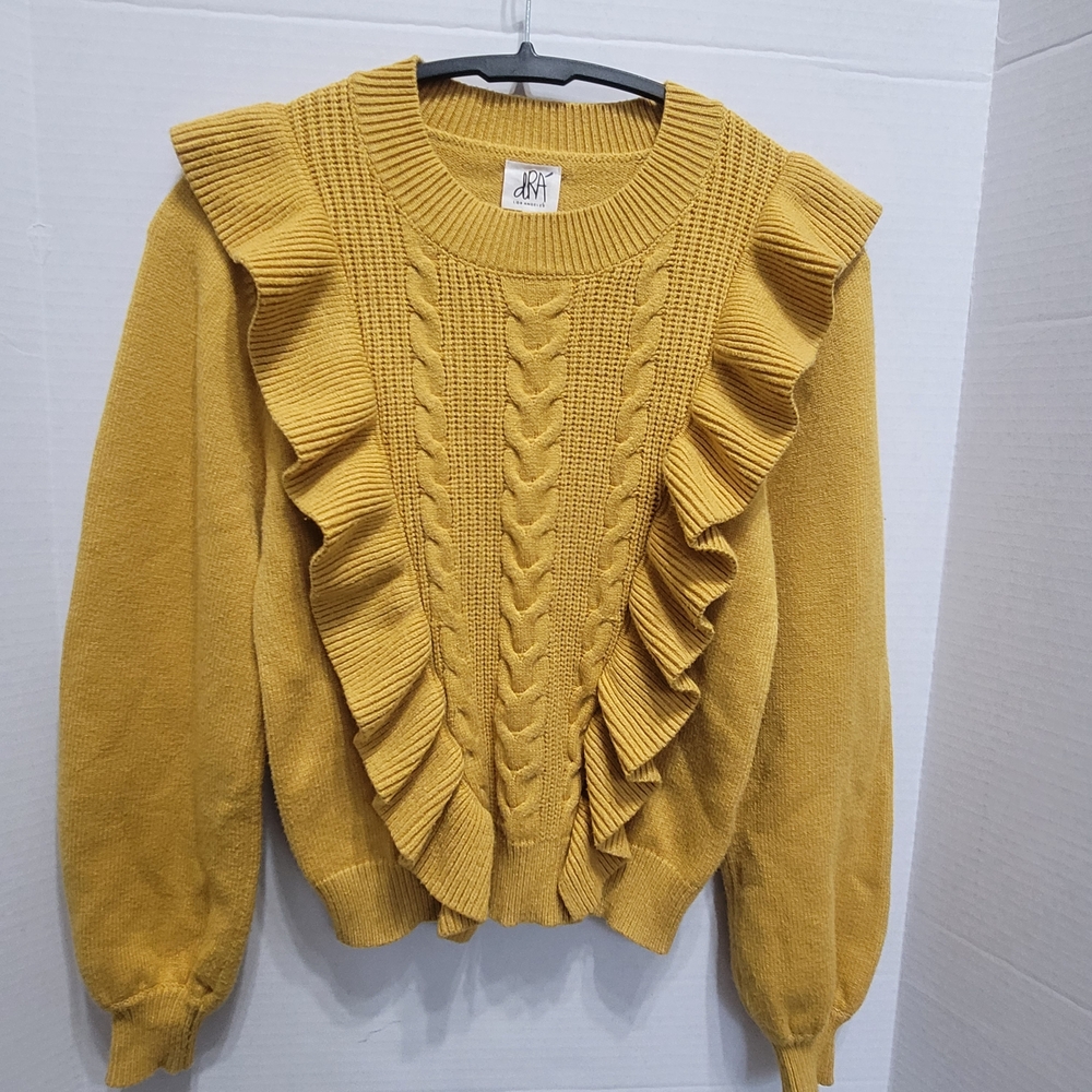 dRA Mustard Color Long Sleeve Ruffle Knit Sweater Sz XS
